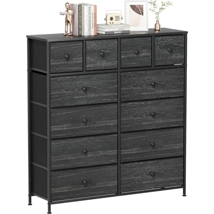 Clevich Stoff-Kommode, Schminktisch Schrank, Aufbewahrungsschrank, 12 Schubladen aus Stoff, Metallrahmen, industrieller Stil, für Wohnzimmer, Flur, Schlafzimmer (Schwarz) – Bild 12