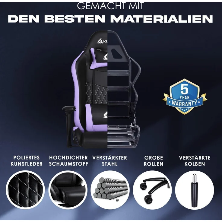 KLIM Esports Gaming Stuhl Lila mit Lenden- und Nackenstütze – Bild 3
