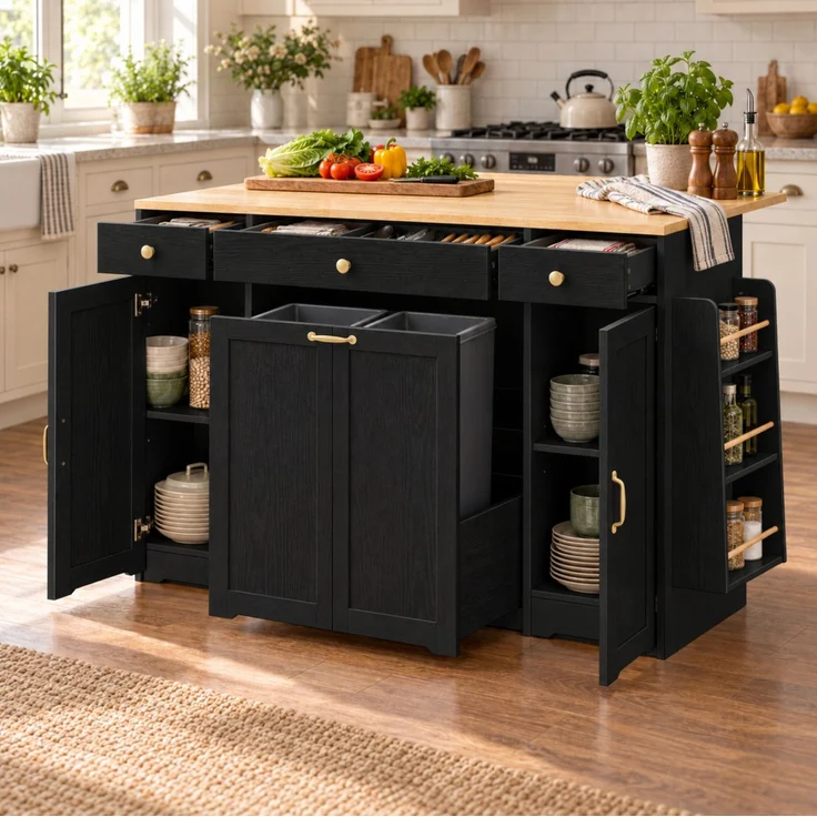 Sideboard 136x65x90 cm mit 3 Schubladen und 2 Türen – MDF, Schwarz und Natur – Bild 2