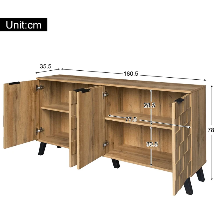 Sideboard Holzoptik 160 cm, moderner Aufbewahrungsschrank mit 4 Türen, Einlegeböden & schwarzen Griffen – Bild 7