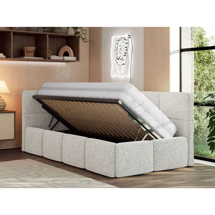 Jugendbett 90x200 ARVO Polsterbett mit Bettkasten, Stauraum & Gasdruckfeder, Modernes Design mit Kopfteil - Hellgrau Strukture - Links Seite – Bild 3