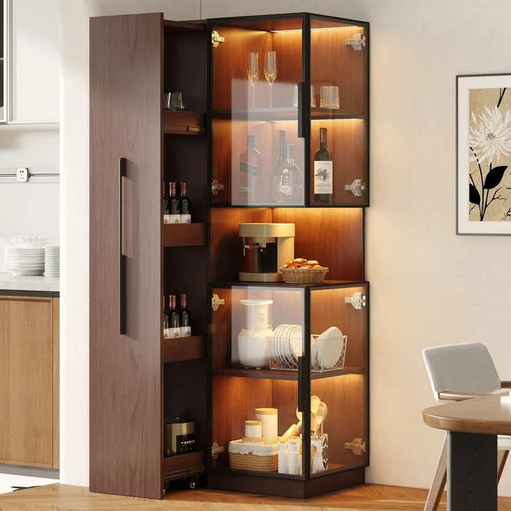 Vitrinenschrank 70x38x160 cm in Walnussoptik mit LED-Beleuchtung und ausziehbaren Seitenregalen – Bild 3