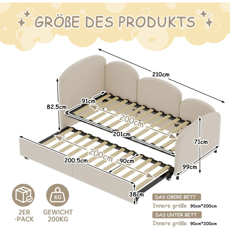 Kinderbett Blumenform, Kinderbett aus Samtstoff mit Sicherheitsrand, Massivholzrahmen, ausziehbare Schublade 90x200 cm,Beige – Bild 9