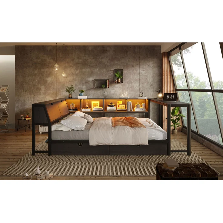 U-life Metallbett 140x200 cm, für Jugendliche, LED-Beleuchtung, Schreibtisch & Schubladen, Multifunktionales bett, MDF, Schwarz – Bild 9
