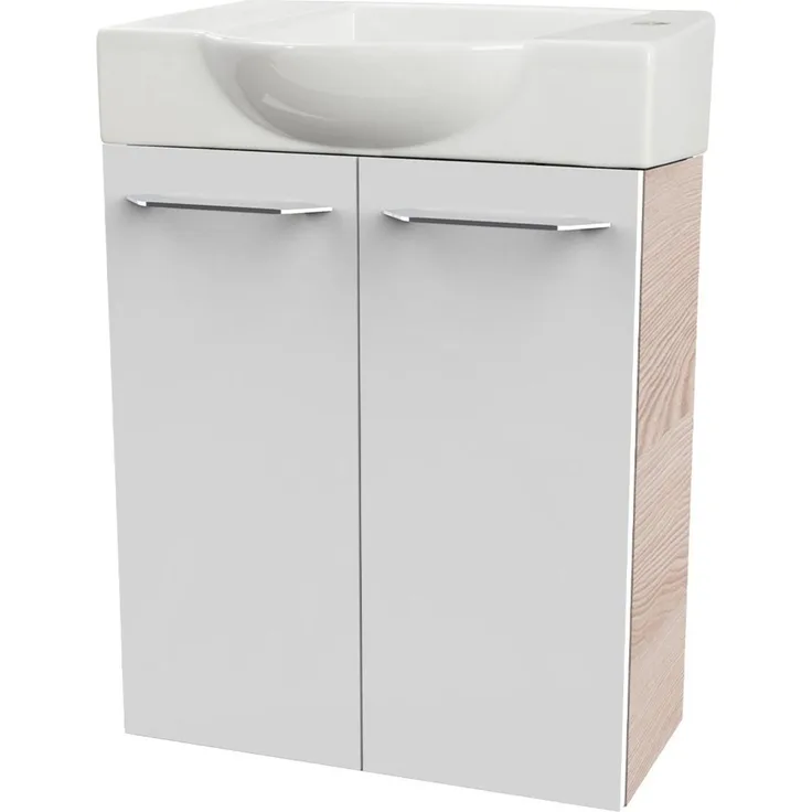 FACKELMANN SBC B.CLEVER Gäste WC Waschtisch Set 55 cm breit, Weiß/Braun hell, Waschbecken Keramik Weiß, Hahnloch rechts