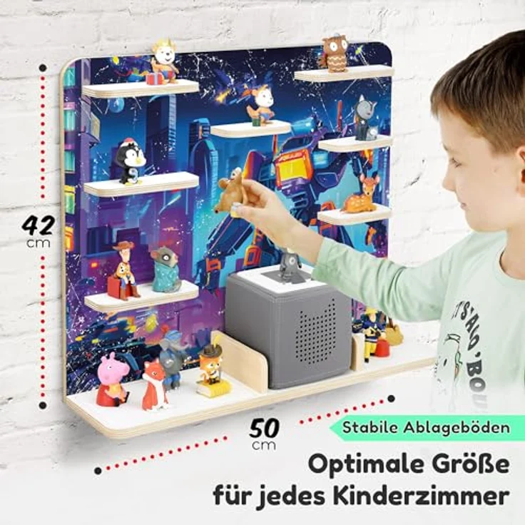 stadtecken Holzregal für Musikbox I Geeignet für die Toniebox und ca. 50 Tonies I Perfekte Tonie Aufbewahrung im Kinderzimmer I Zum Aufstellen oder Aufhängen (Robots, Groß) – Bild 3