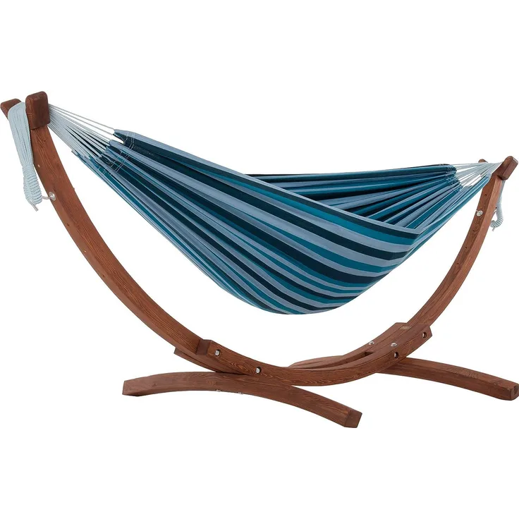 Vivere C8SPCT-34 Doppelhängematte aus Baumwolle mit stabilem Bogengestell aus Massivkiefernholz – Blue Lagoon