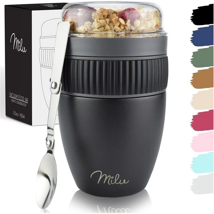 Milu Müslibox Müslibecher To Go Edelstahl 400 ml, isoliert, auslaufsicher, Müslimax Set – Bild 1