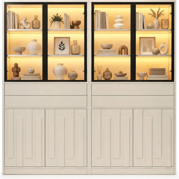 Vitrinen-Set 140 x 34 x 180 cm in Weiß mit Glastüren, Schubladen und LED-Beleuchtung – Bild 8