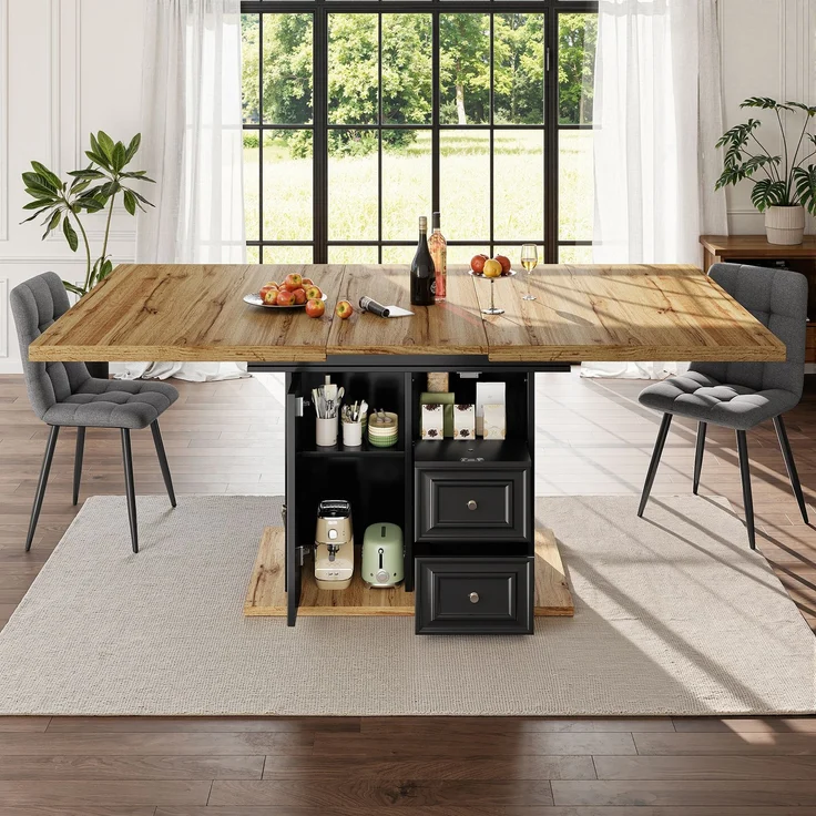 Ausziehbarer Esstisch 110/140x80x75 cm, Holzoptik, mit integriertem Stauraum (Tür, 2 Schubladen, Fach) – Bild 1