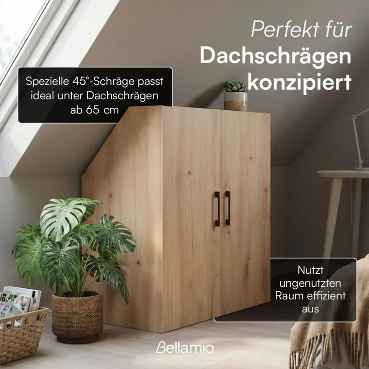 Bellamio 'Aland' Dachschrägenregal mit Türen, Eichenoptik, 100x52x90 cm, Schrank für Dachschräge mit 3 Fächern – Bild 2