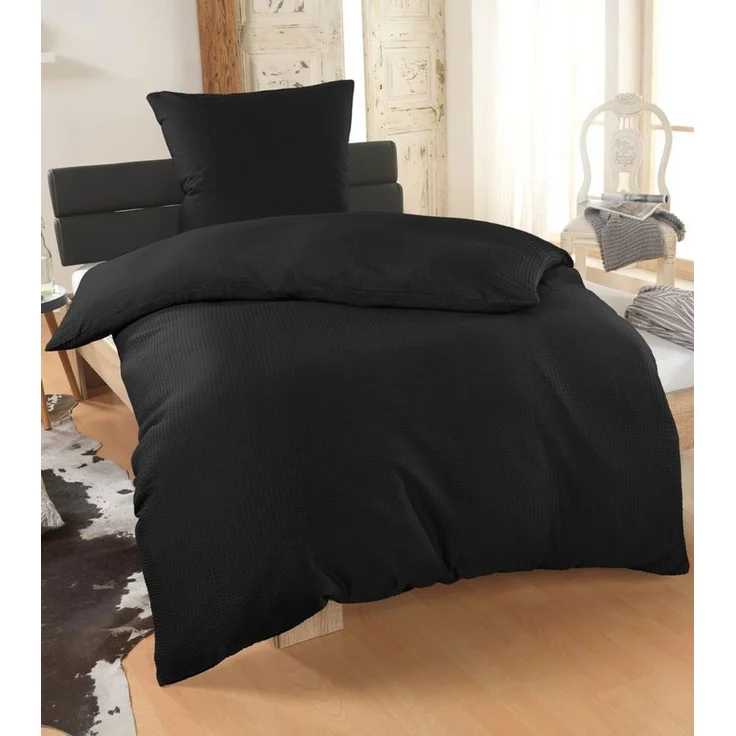 Malika Bettwäsche aus 100 % Mikrofaser, 135x200 + 80x80 cm, Seersucker, Schwarz, Seersucker, 2 teilig, Für Allergiker geeignet, pflegeleicht, angenehm weicher Stoff – Bild 5