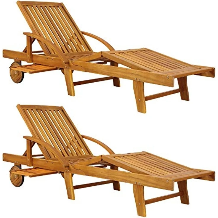 Casaria® 2X Sonnenliege Holz Klappbar 320kg Belastbarkeit Tisch Fuß- und Rückenteil variierbar Räder Ablage Garten Balkon Terrasse Gartenliege Akazie – Bild 1