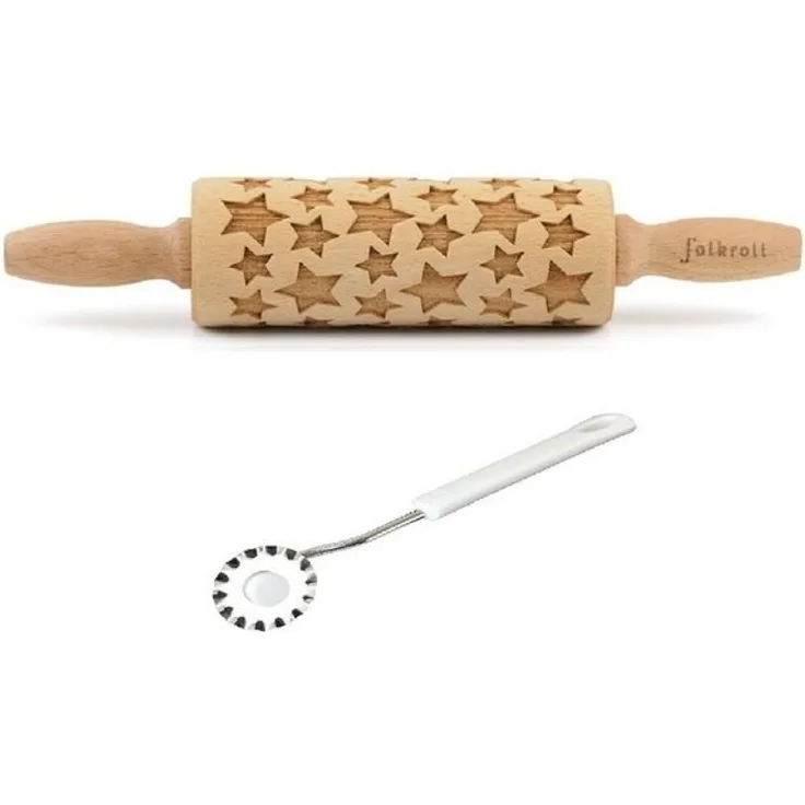 Folkroll Motiv Teigrolle Teigroller Sterne 23cm mit Teigrädchen 330524