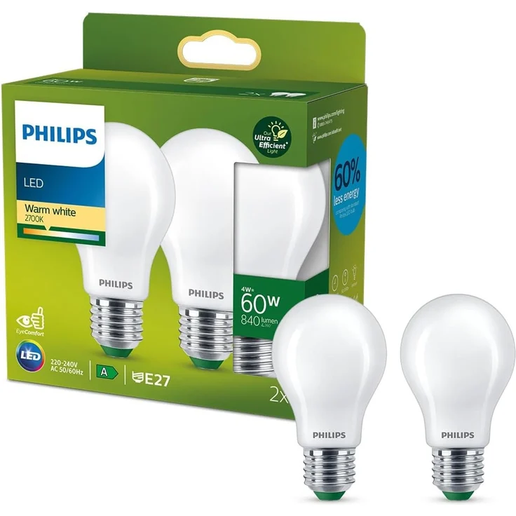 Philips Classic ultraeffiziente E27 LED Lampe, 60W, matt, warmweiß, Doppelpack