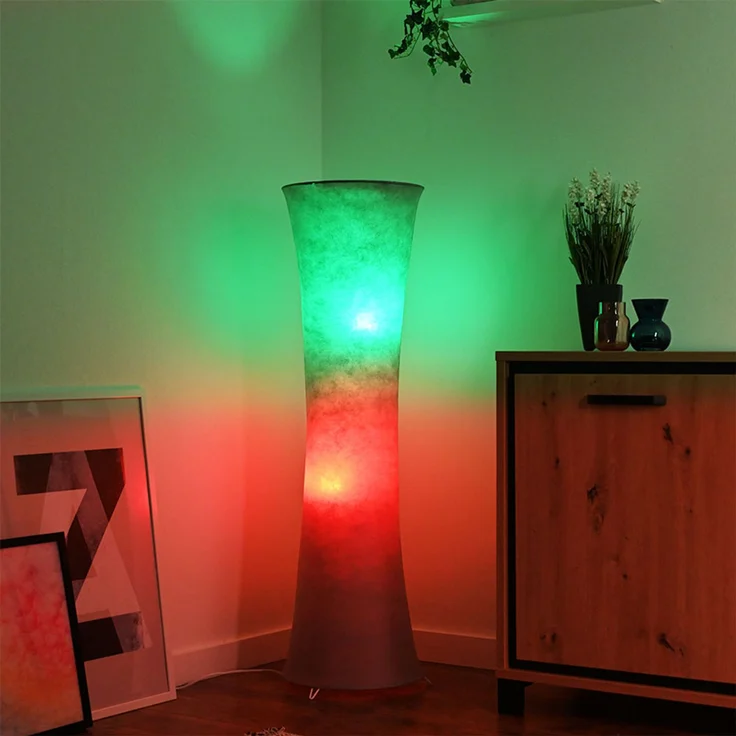 Stehleuchte aus Textil in weiß mit Trittschalter und RGB – Bild 7