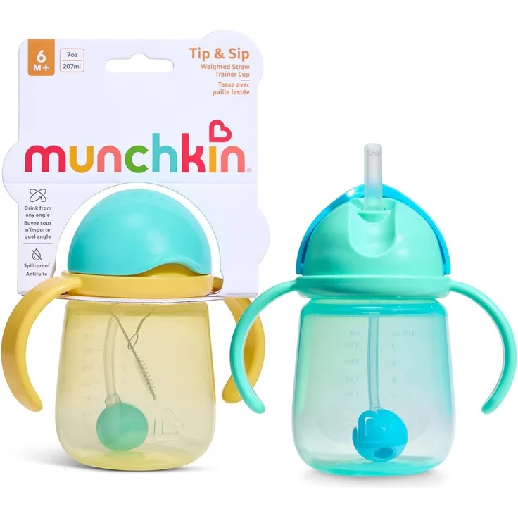 Munchkin Babyflasche Tip and Sip | 2er-Pack | 6m+ | Gewichteter Strohhalm | Blau/Gelb