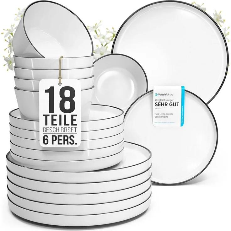 PURE LIVING INTERIOR DESIGN Geschirr-Set Scandi aus Porzellan, 18-tlg, für 6 Personen, Weiß - Schwarzer Rand (18-tlg), 6 Personen, Porzellan – Bild 1