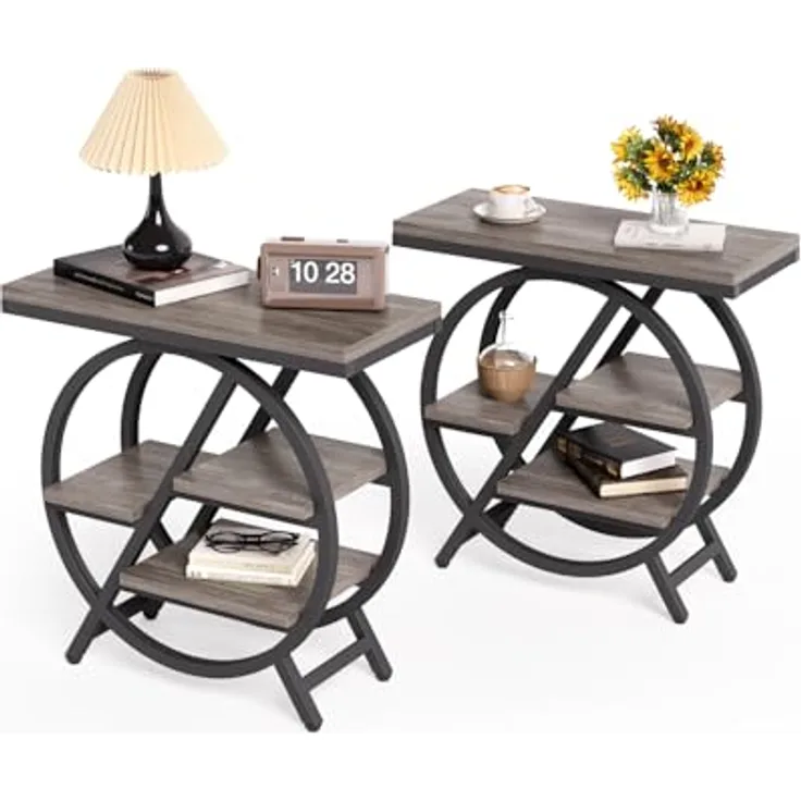 Beistelltisch, schmaler Beistelltisch mit 4 Ebenen großem Stauraum, moderner Nachttisch für Wohnzimmer, Homeoffice, Schlafzimmer, 2er Set, Grau
