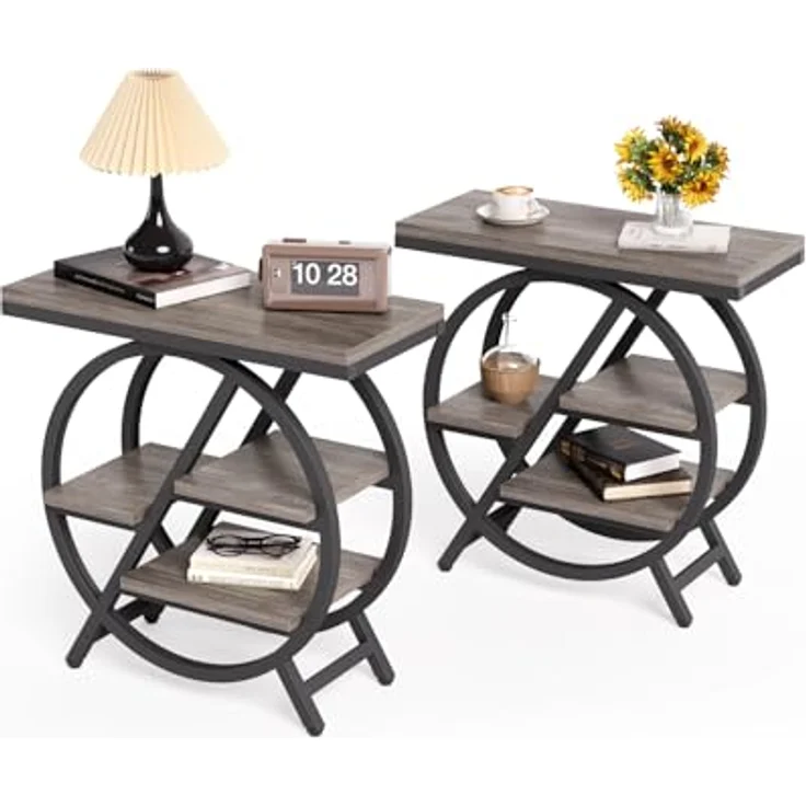 Beistelltisch, schmaler Beistelltisch mit 4 Ebenen großem Stauraum, moderner Nachttisch für Wohnzimmer, Homeoffice, Schlafzimmer, 2er Set, Grau – Bild 1