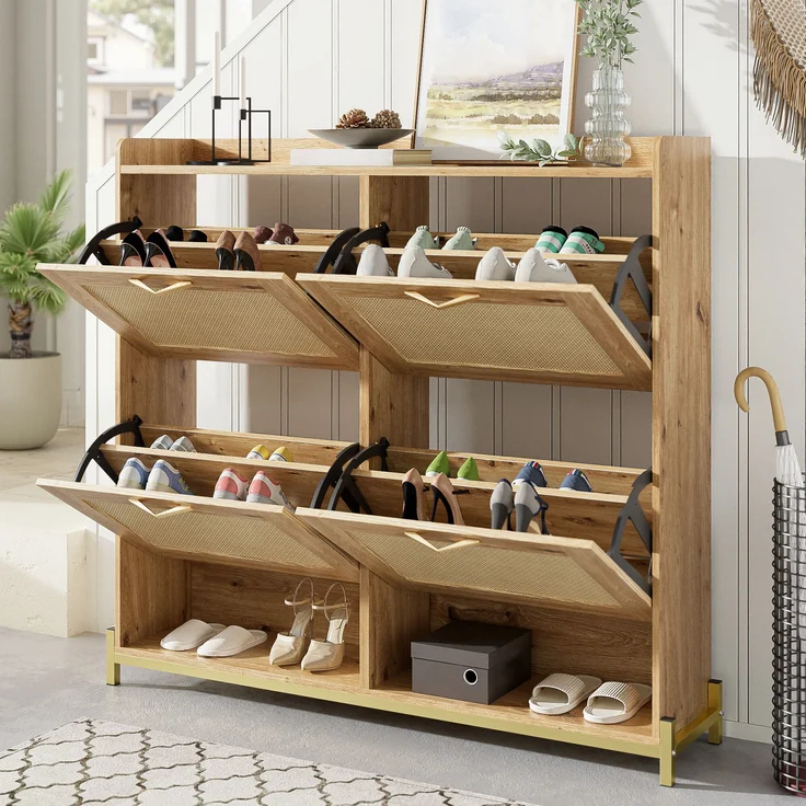 Schuhschrank aus MDF mit Metallgestell & oberer Ablage, 108,5x24x100 cm, Holzfarbe – Bild 5
