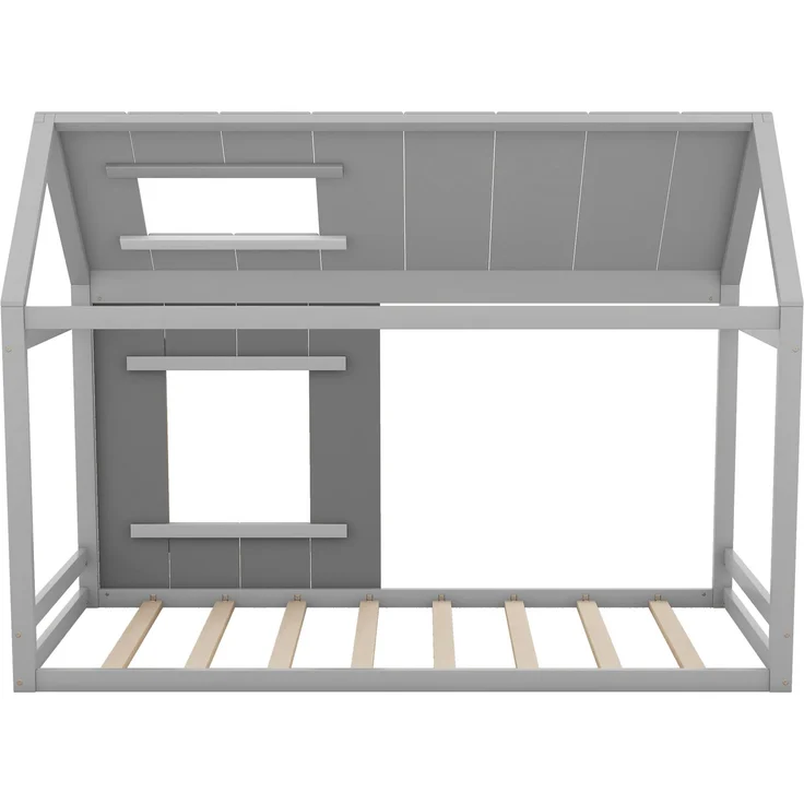 Kinderbett 90x200 cm in Hausform, Montessori Bett mit Dach und Fenster,offenes Design zum Dekorieren, Grau – Bild 9