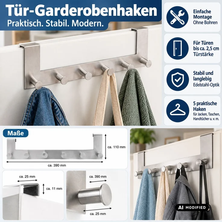 Türgarderobe mit 6 Haken edelstahl silber