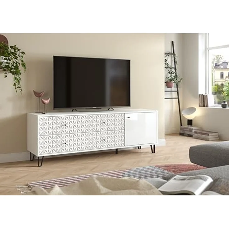 Lowboard (B/H/T: 164x56x40 cm) in weiß Melamin und weiß Hochglanz – Bild 5