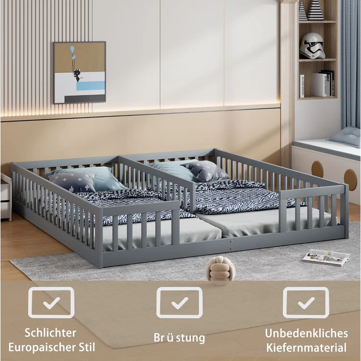 CHICFURN Bett aus Kiefernholz und MDF Grau 90x200 cm mit Sicherheitsgitter und Lattenrost – Bild 4