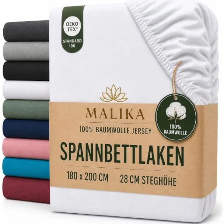 MALIKA® Spannbettlaken 180x200 - 200x200 cm, Baumwolle Jersey, passend für Matratzenhöhe bis 28 cm, Oeko-Tex zertifiziert – Bild 1