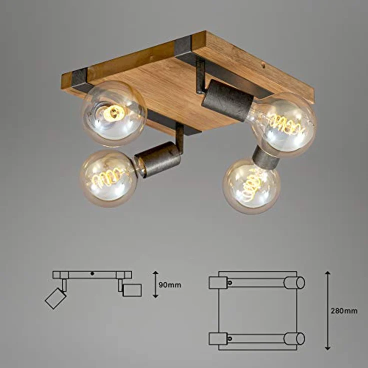 BRILONER - Deckenlampe Vintage schwenkbar, Holzbasis, E27 Fassung, max. 25 Watt, Deckenleuchte, Lampe, Wohnzimmerlampe, Schlafzimmerlampe, Küchenlampe, Deckenstrahler, 28 x 28 x 9 cm, Holz-Schwarz – Bild 7