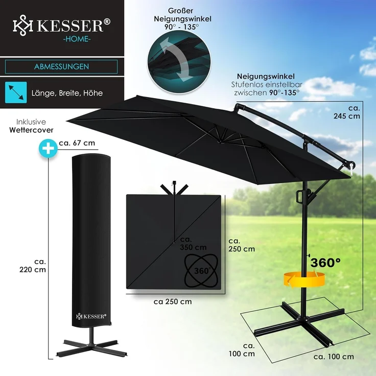 KESSER® 'Holly' Ampelschirm ohne LED Solar, inkl. Ständer, Abdeckung & Windsicherung mit Kurbel, Aluminium schwarz, Ø 350 cm – Bild 7