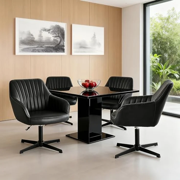 Sweetcrispy Esszimmerstühle, Küchenstuhl Drehbar & Höhenverstellbar - Leder Sessel Esstisch mit Armlehne, 360° Drehstuhl Esszimmer in Schwarz, 1 Stück – Bild 3