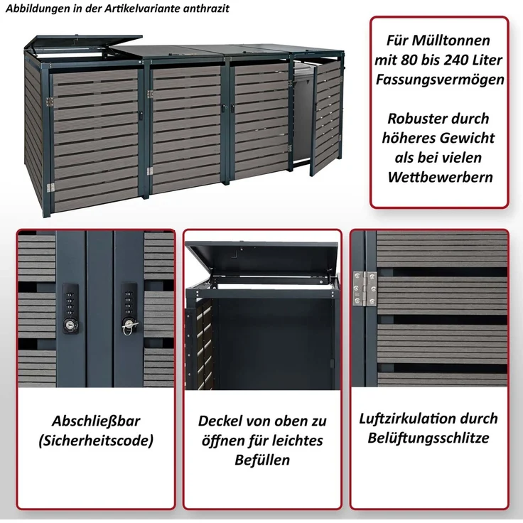 4er Mülltonnenverkleidung HWC-K14, Mülltonnenbox Mülltonnenabdeckung, 119x264x84cm WPC Metall 130kg ~ Walnuss-Holzoptik – Bild 2