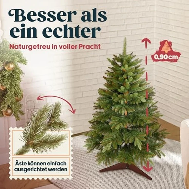 Premium Weihnachtsbaum künstlich 90cm -TESTSIEGER - Naturgetreu, dichte Zweige, Künstlicher Weihnachtsbaum mit Holzständer und Aufbewahrungstasche – Tannenbaum künstlich von Pure Living – Bild 2