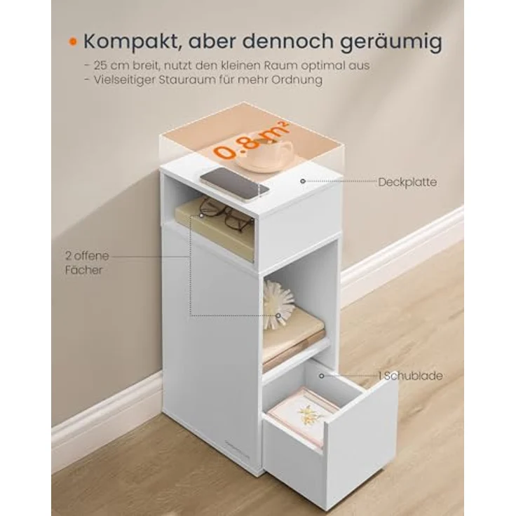 SONGMICS HOME Nachttisch, Toolless-Technologie, superschnelle werkzeuglose Montage, Nachtschrank, 2 offene Fächer, 1 Schublade, Beistelltisch, 30 x 25 x 59,4 cm, schneeweiß LET911WE01 – Bild 6