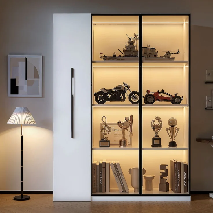 ZUBALIYA LED-Glasvitrine, integrierte LED-Beleuchtung, Türen aus gehärtetem Glas, ausziehbarer Seitenschrank auf Rollen, H 160 × B 110.5 × T 35 cm, Weiß – Bild 2