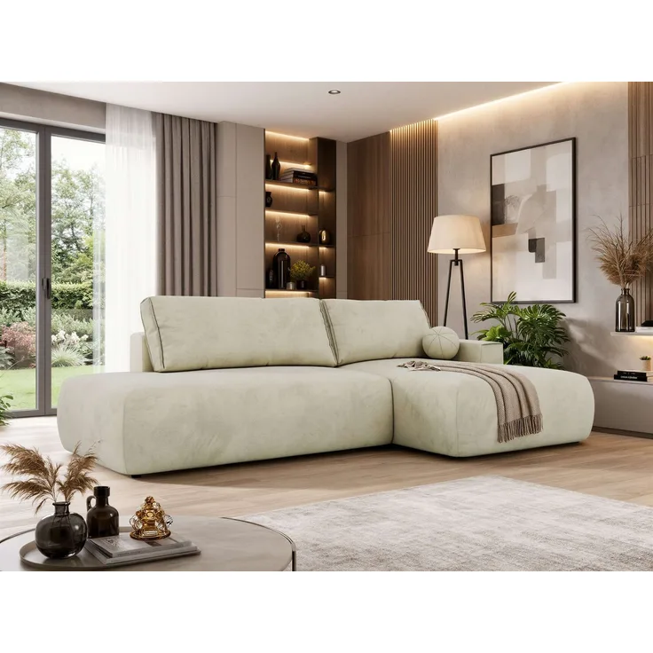 Ecksofa TAREN L mit Schlaffunktion, Bettkasten, DL-Mechanismus, Wellenfederung und freistehendem, Sofa mit Stauraum - Beige Velvet - Rechts