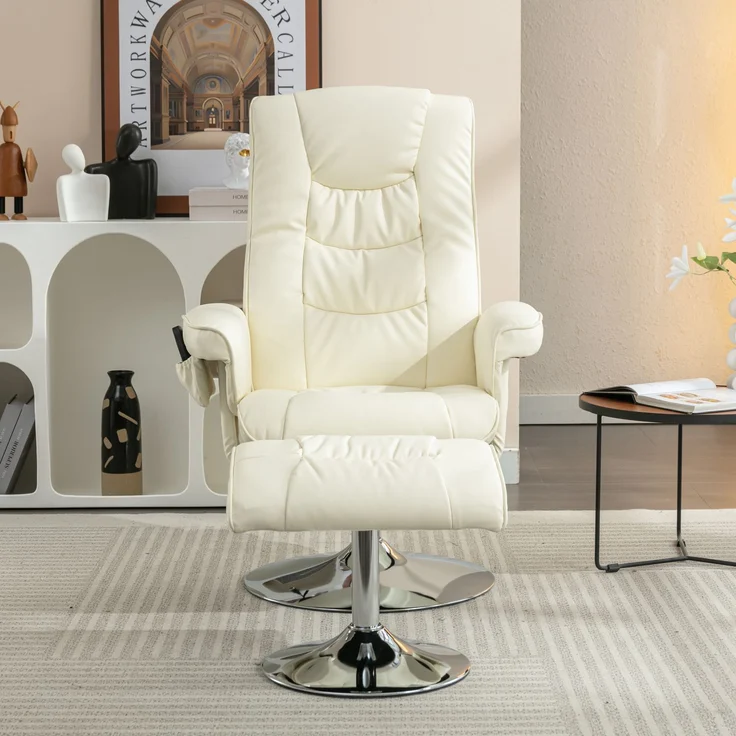 Massagesessel mit Heizfunktion & Fußhocker, verstellbare Rückenlehne bis 135°, Kunstleder Relaxstuhl mit 360° Drehung,Beige – Bild 3