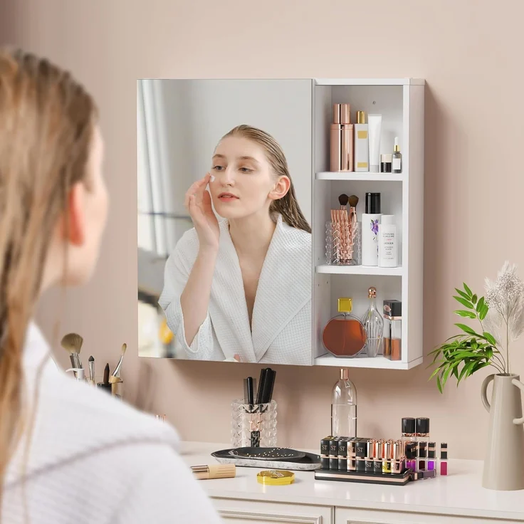 Mondeer Badezimmerschrank mit Spiegel, Spiegelschrank Bad der Wand montiert mit 1 Tür und 1 Tropfschale verstellbaren Ablagen moderner Stil, 65 x 15 x 65 cm, Weiß – Bild 6