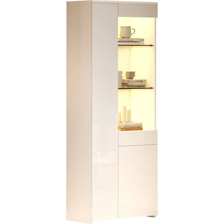 Vitrine 70x35x180 cm in Weiß, Hochglanzfront, LED-App-Steuerung & Schublade – Bild 7