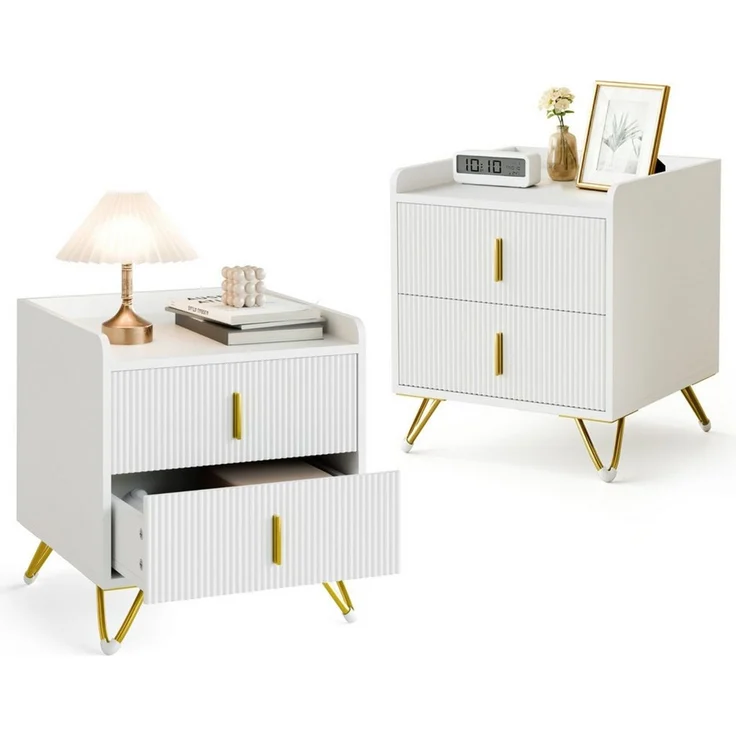 Mondeer Nachttisch Nachtkommode (2-St, 50 x 40 x 50 cm), mit 2 Schubladen, Kleiner Bettkasten in Weiß & Gold – Bild 2