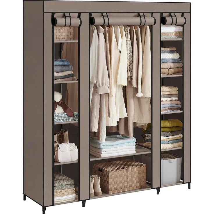 Songmics Kleiderschrank, Stoffschrank, mit Überzug aus Vliesstoff, Faltschrank mit Kleiderstange, 45 x 150 x 175 cm, 12 Ablagen, Metallrahmen, Schrank fürs Schlafzimmer, Taupe LSF003R02