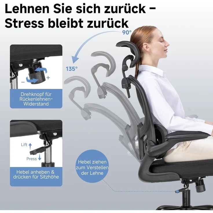 COMHOMA Bürostuhl Ergonomischer Schreibtischstuhl mit 3D Kopf- und Lendenwirbelstütze (Packung), verstellbare Kopfstütze und Armlehnen, Höhenverstellbar – Bild 5