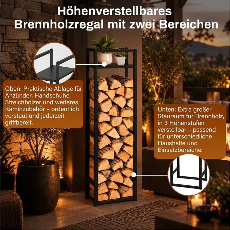 Clanmacy Kaminholzregal Kaminholzregal 45x32 cm, Höhe 120/145/170 cm, Ablage, 100 kg – Bild 4