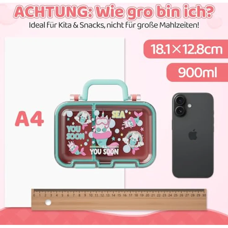 Bundviel Lunchbox Lunchbox Brotdose Kinder mit Fächern Auslaufsichere Bento-Box Brotdose, PP+ABS, (4-tlg, mit Saucenbehälter), spülmaschinenfest, kühlschrankgeeignet und mikrowellenfest – Bild 7