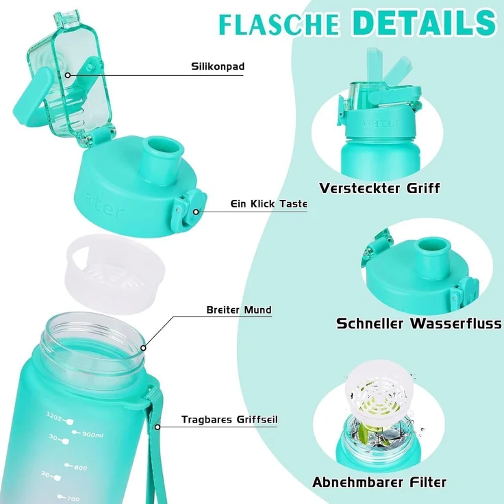 AOPREL Trinkflasche 1l BPA-frei Tritan Sport Auslaufsicher Fitness Camping Büro – Bild 2