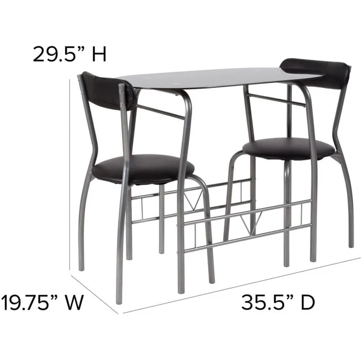 Flash Furniture Glas-Esstisch und Stühle, Metall, schwarz, 3-teiliges Set – Bild 3