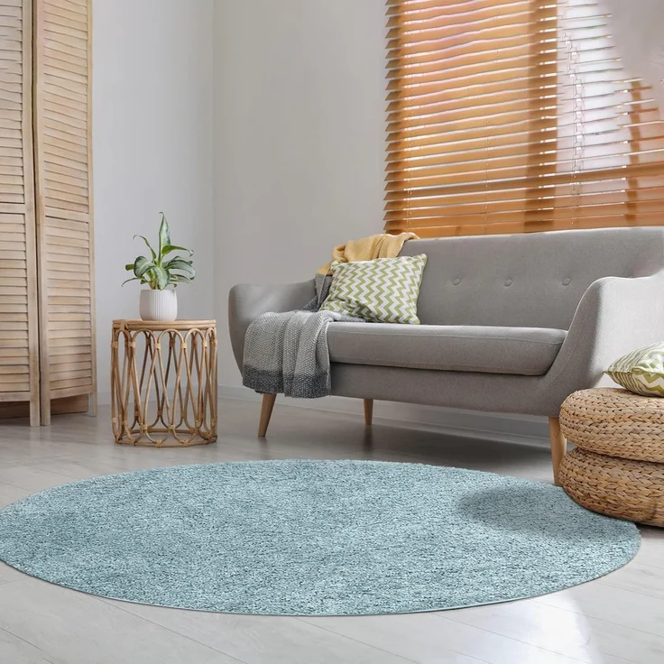 Teppich Rund Hochflor Shaggy - 160x160cm - Türkis Einfarbig Uni Flauschig Modern Boho Wohnzimmer Schlafzimmer Deko Teppiche Weich Schlafzimmer – Bild 7