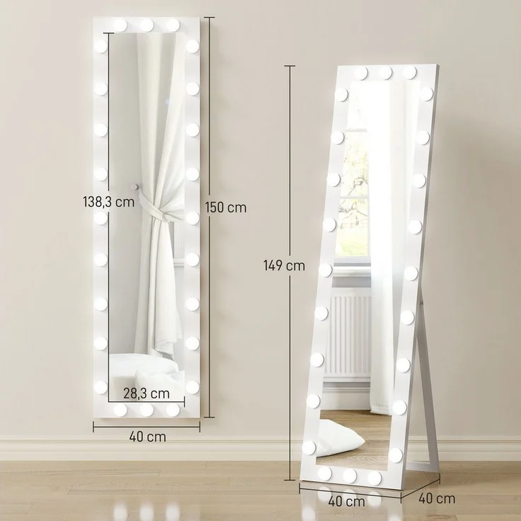 HOMCOM Standspiegel mit 24 Glühbirnen, 3 Lichtfarbe, Touch-Schalter, Memory-Funktion (Stehspiegel, 1-St, Wandspiegel), für Wohnzimmer, Schlafzimmer, Weiß – Bild 2